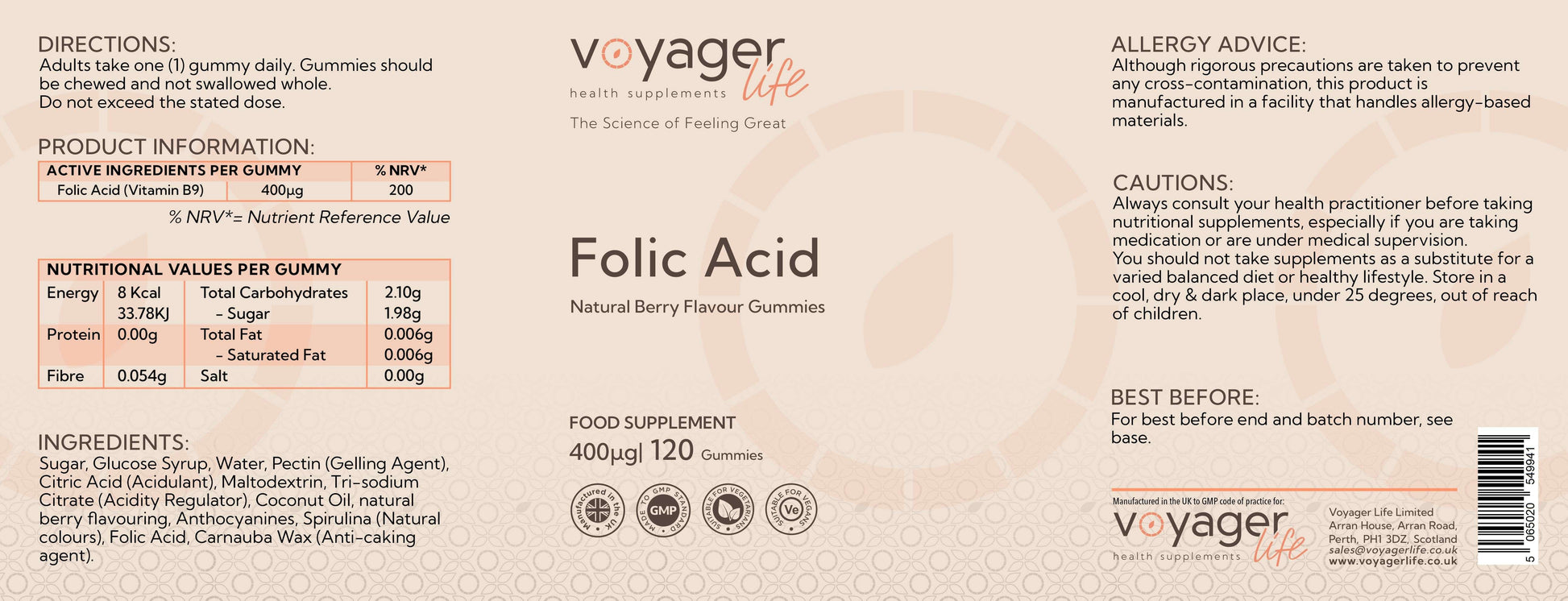 Voyager Folic Acid 400µg - 60 Natural Berry Flavour Gummies - front view