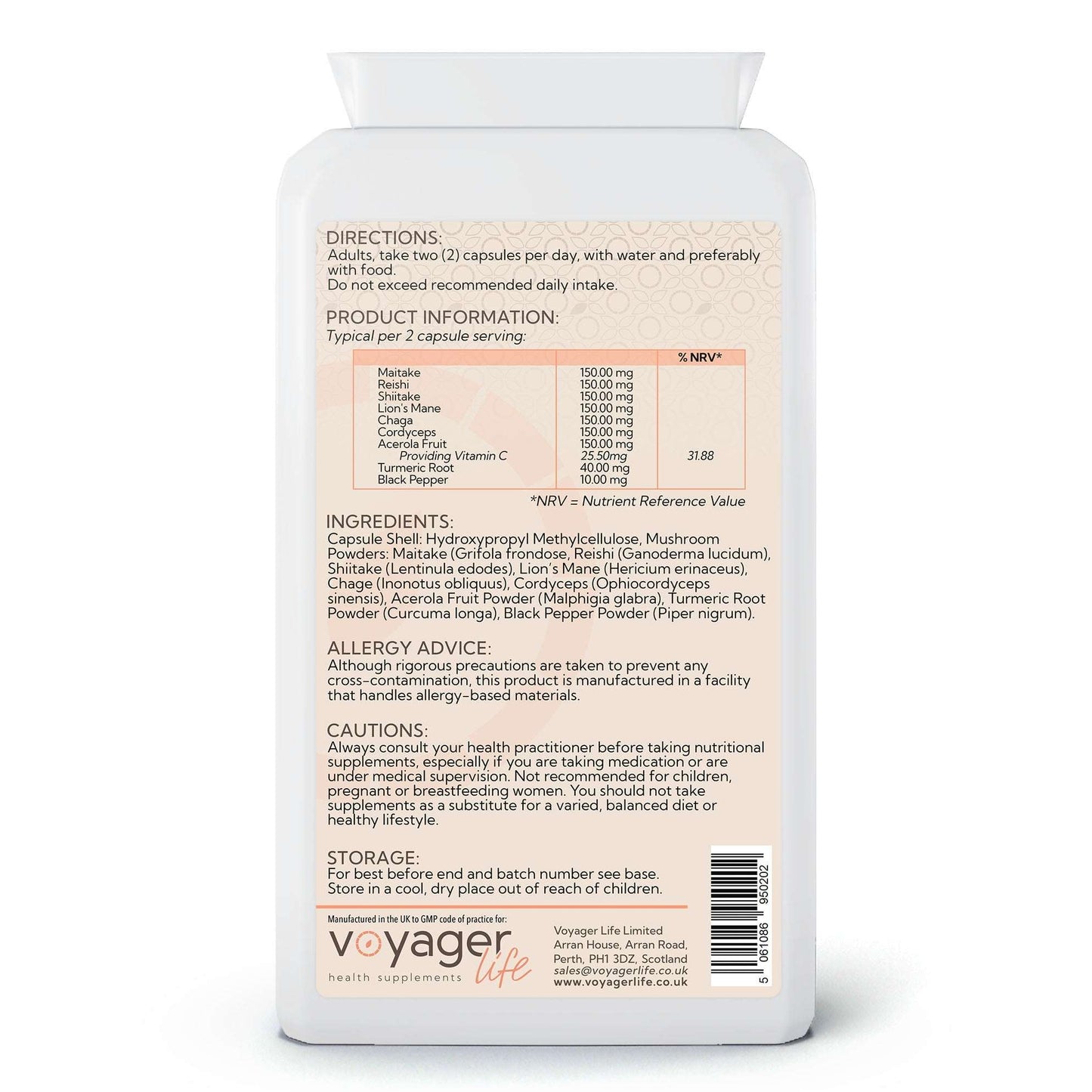 Voyager Mushroom Complex 120 Capsules - back view
