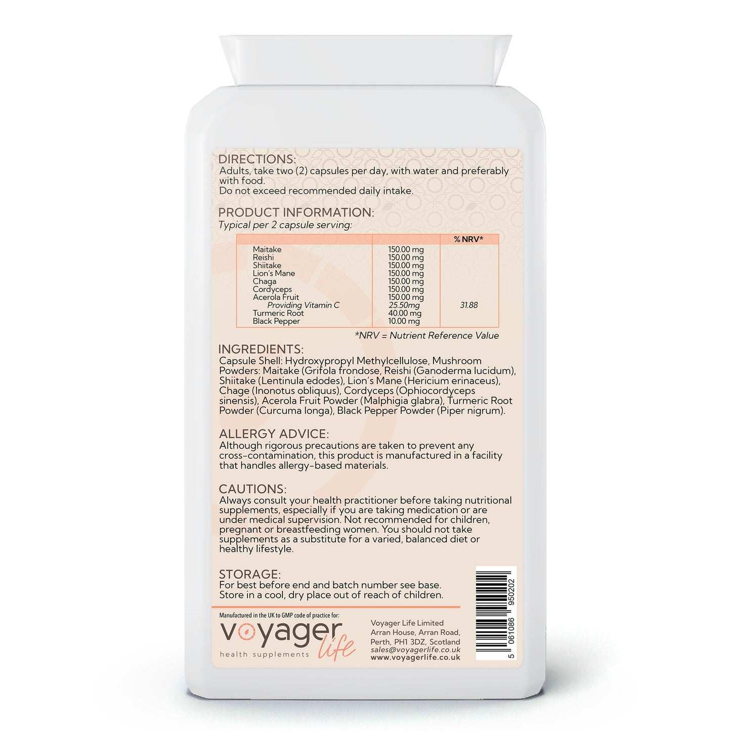 Voyager Mushroom Complex 120 Capsules - back view