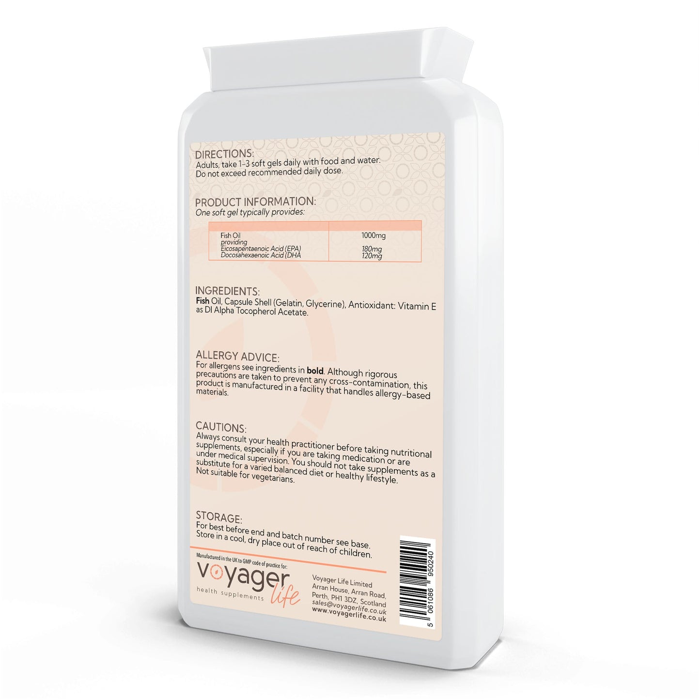 Voyager Omega-3 Fish Oil 1,000mg 90 Softgels - back view