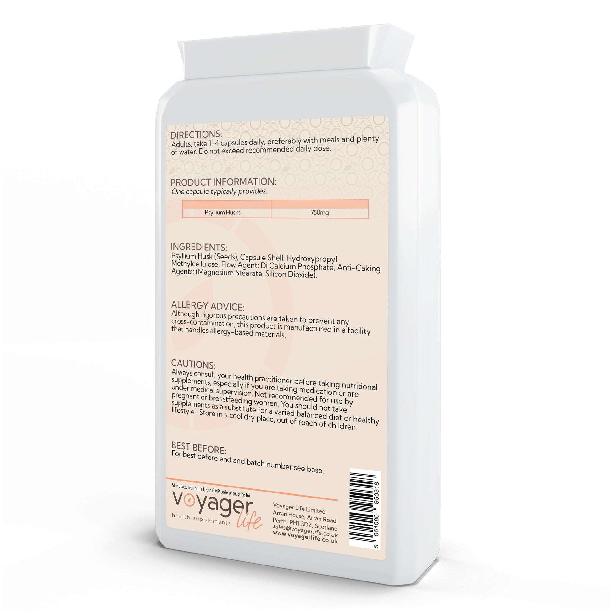 Voyager Psyllium Husks 750mg 90 Capsules - back view