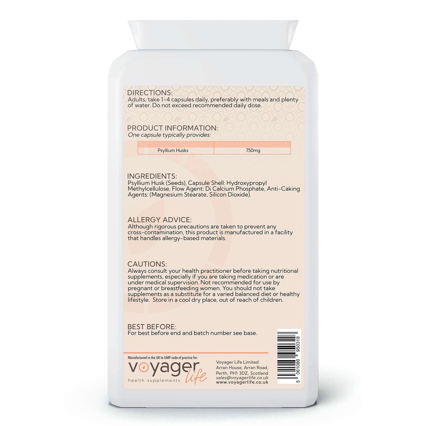 Voyager Psyllium Husks 750mg 90 Capsules - back view