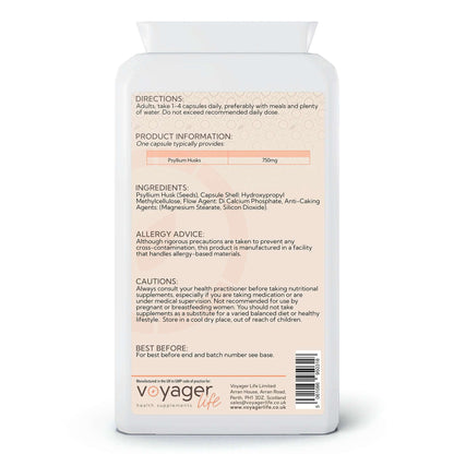 Voyager Psyllium Husks 750mg 90 Capsules - back view