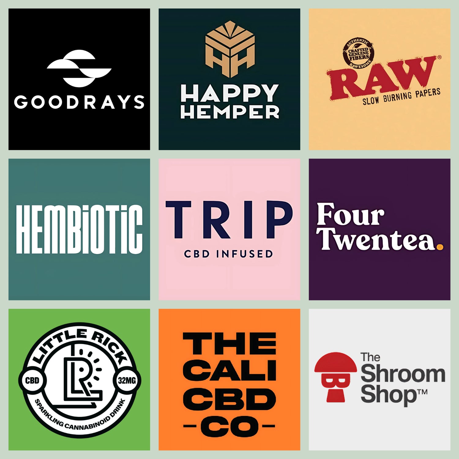 Grid of various brand logos including Goodrays, Happy Hemper, and Raw.