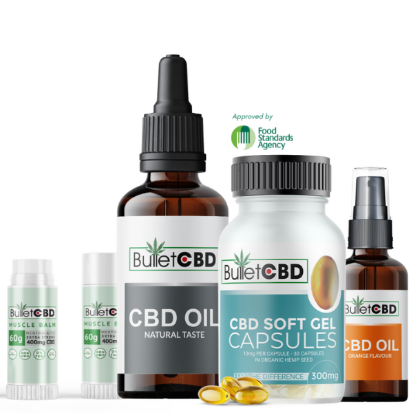 Bullet CBD product collection including CBD oil, soft gel capsules & muscle balm | The CBD Hut