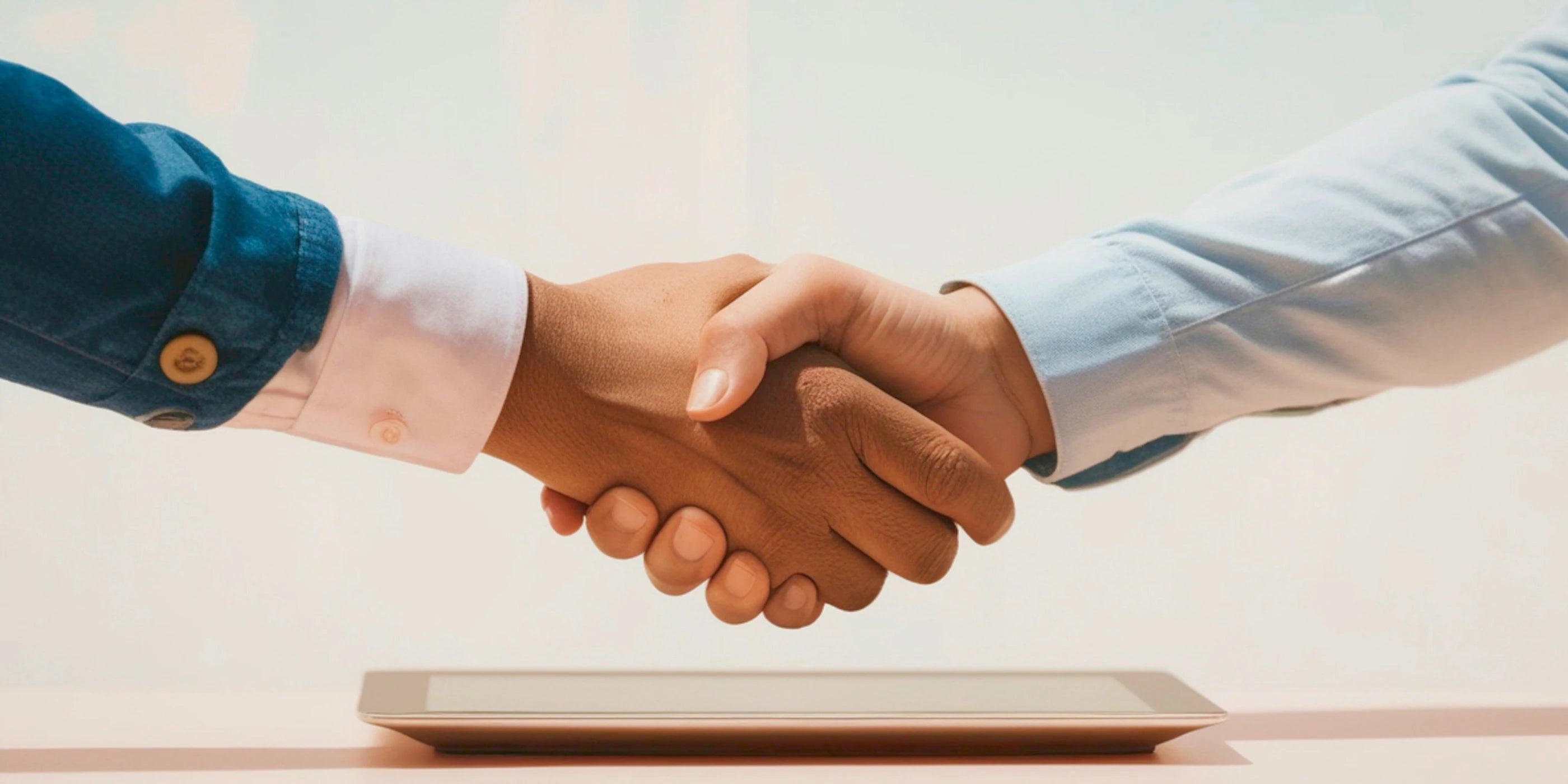 Two people shaking hands over a table with a light background
