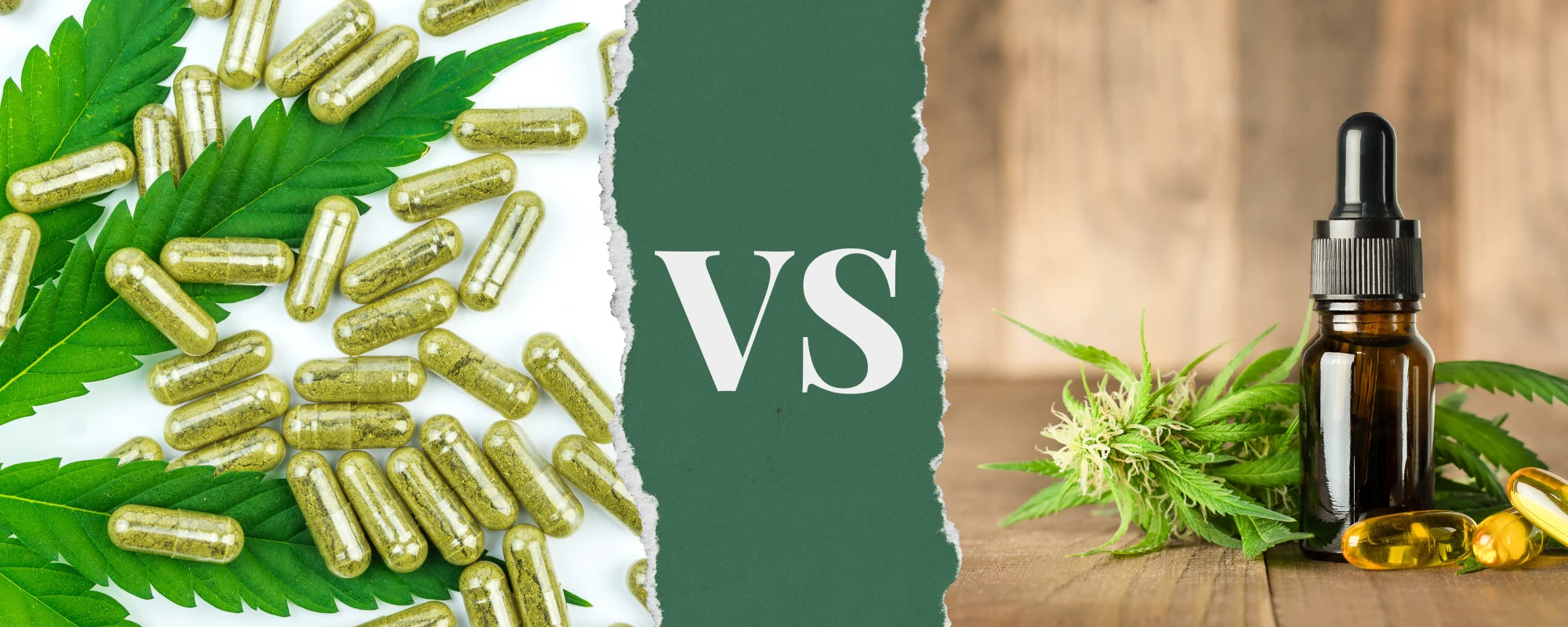 Comparison between CBD capsules and a dropper bottle with cannabis leaves on a wooden background.