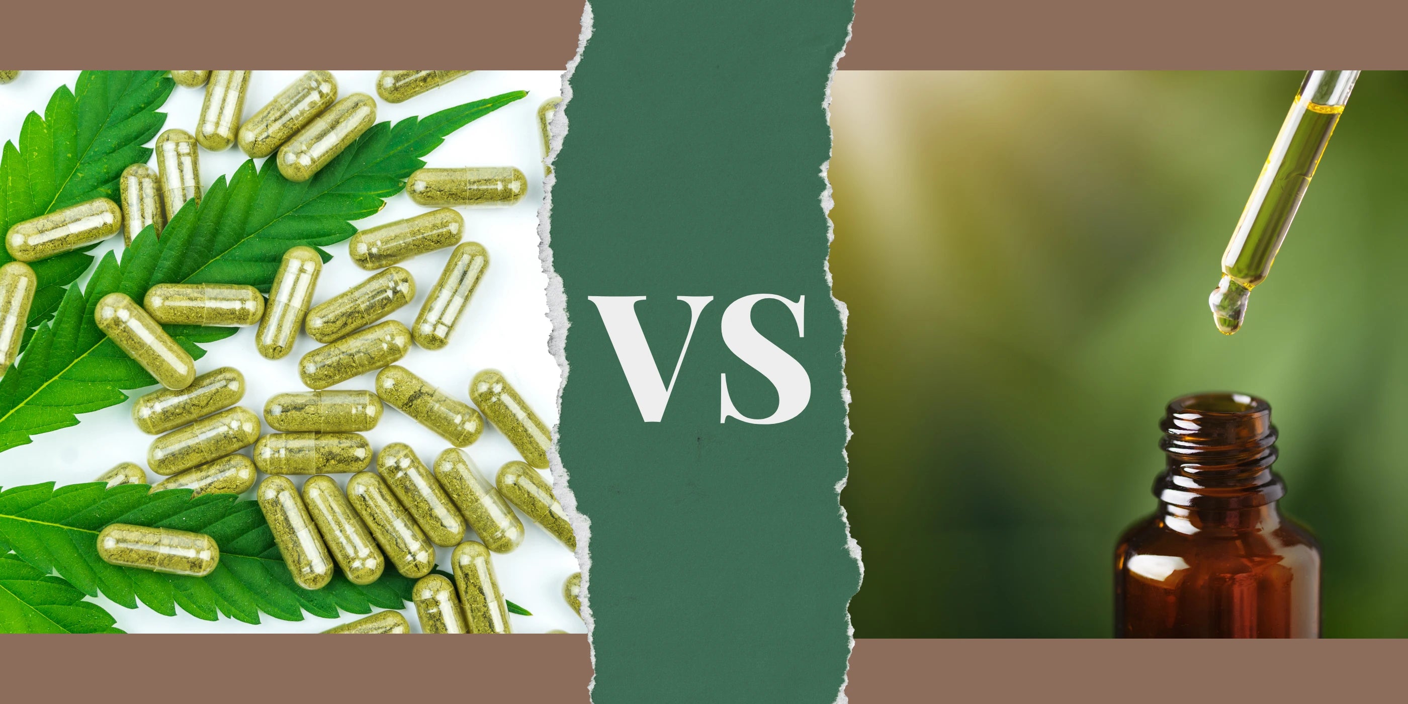 Comparison between cannabis capsules and a dropper bottle with a green leaf.
