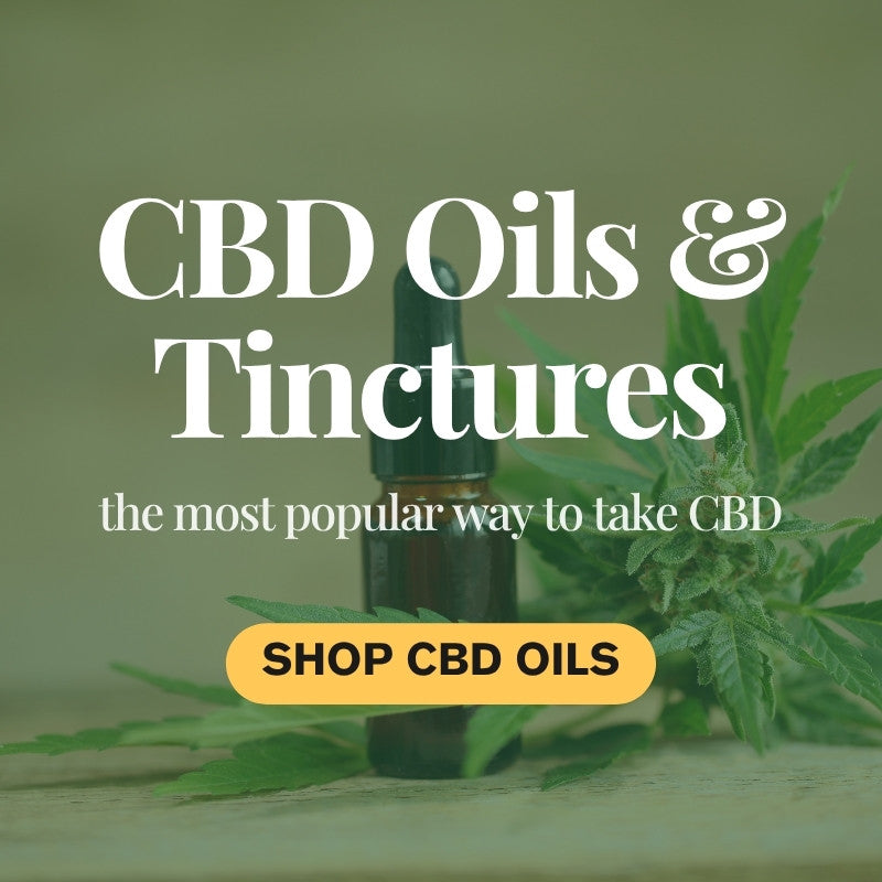 CBD oils and tinctures advertisement with a bottle and cannabis leaves on a green background.