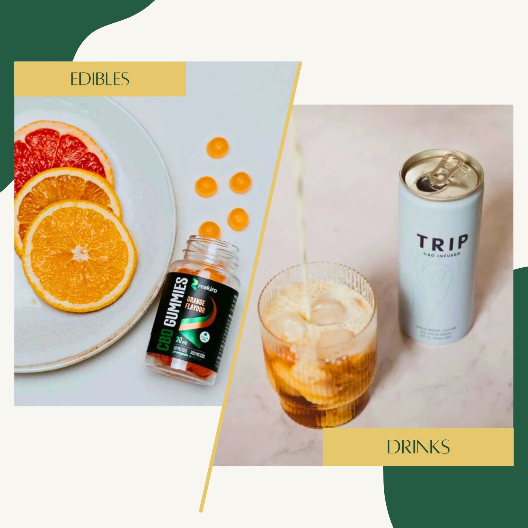 Collage of CBD gummies, a drink being poured, and a can labeled 'TRIP' with oranges on a plate.