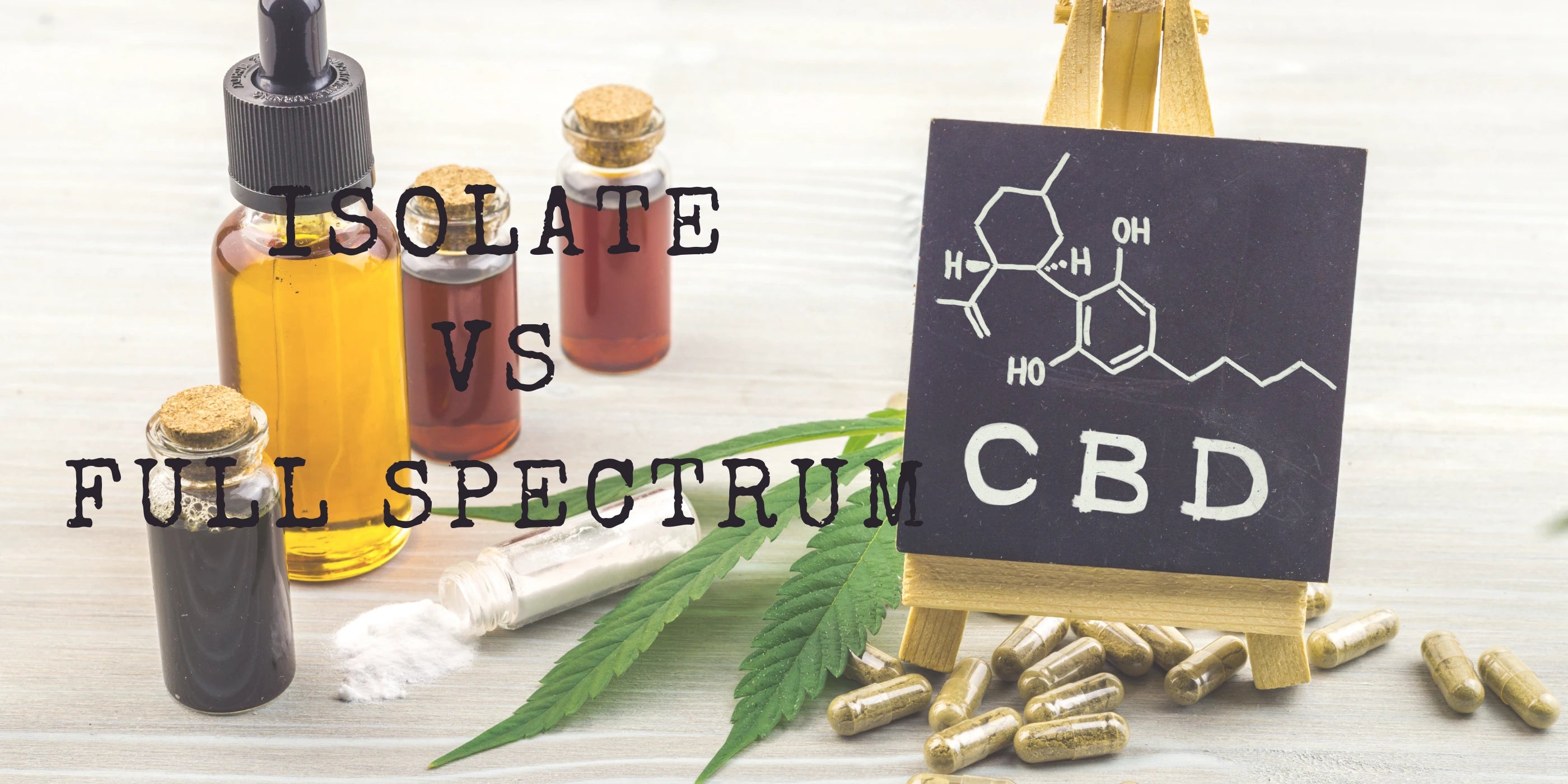CBD products including oil and capsules on a wooden surface with 'Isolate vs Full Spectrum' text.