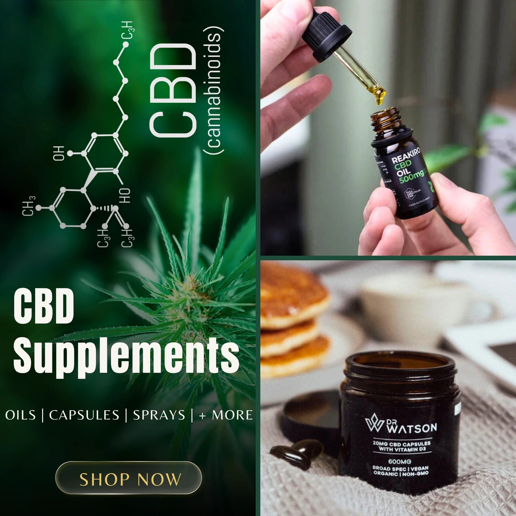 CBD supplements including Reakiro CBD oil and Dr Watson capsules with a diagram of CBD's formula