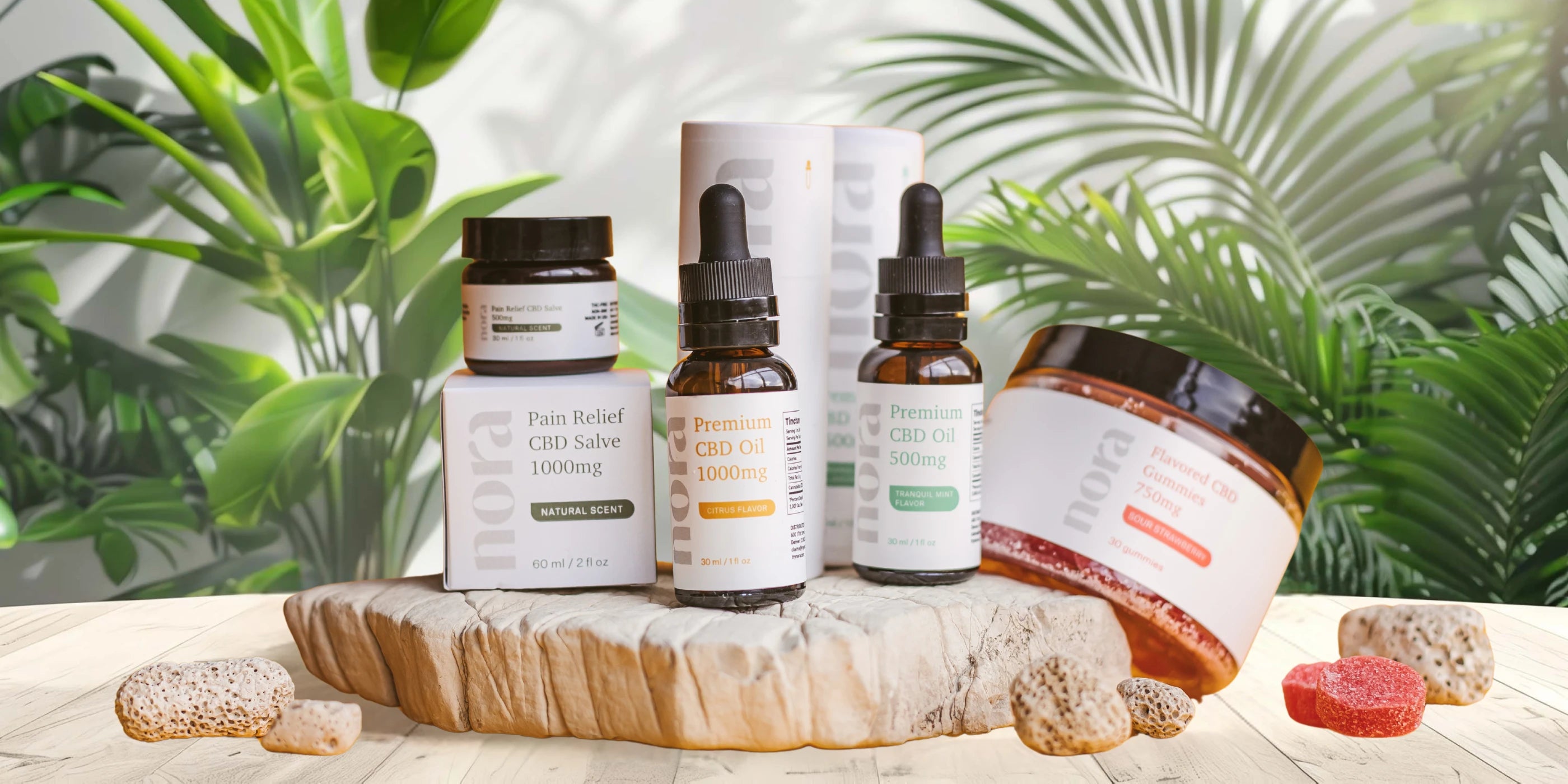 CBD products including bottles and jars on a wooden surface with a natural background