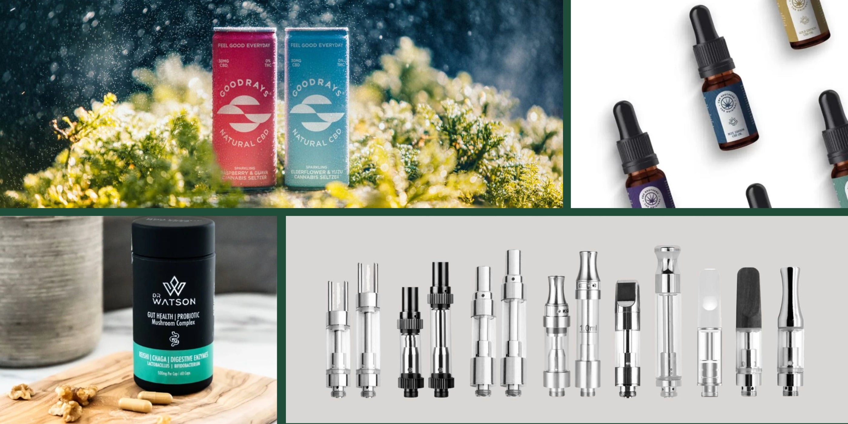 Collage of various CBD  products including tinctures, oils, and vape devices.