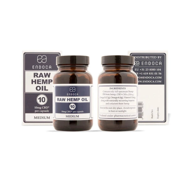 Endoca 300mg CBD+CBDa Raw Hemp Oil Capsules - 30 Caps - front & side view | The CBD Hut
