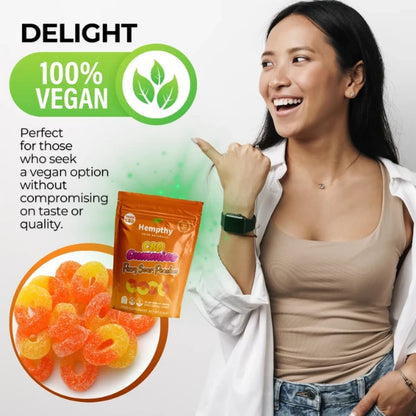 Hempthy 1000mg CBD Fizzy Sour Peach Ring Gummies are 100% vegan | The CBD Hut