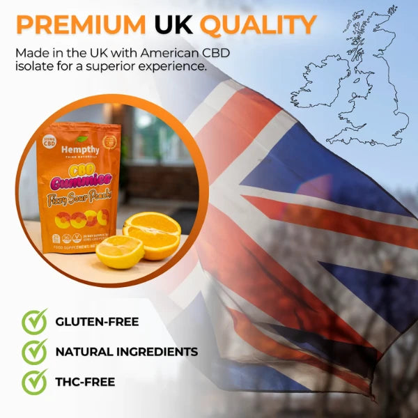 Hempthy 1000mg CBD Fizzy Sour Peach Ring Gummies are made in the UK | The CBD Hut