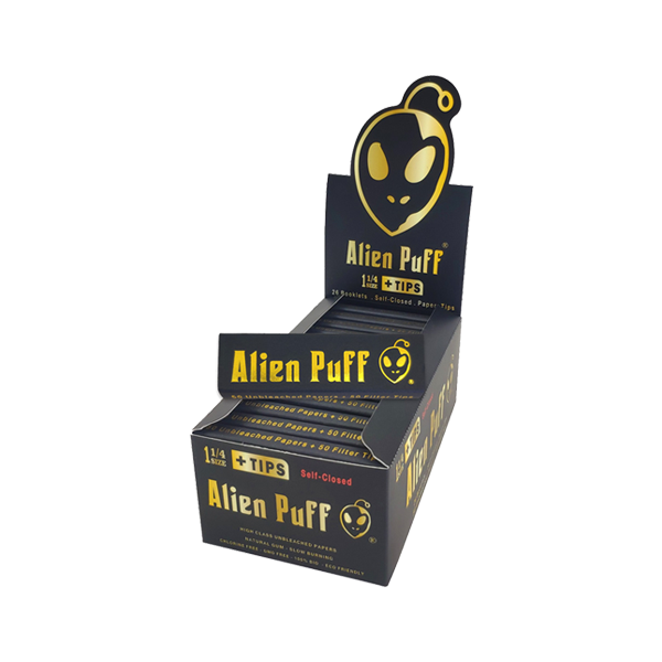 Alien Puff Black & Gold 1 1/4 Size Unbleached Brown Papers + Tips - 50 Packs | The CBD Hut