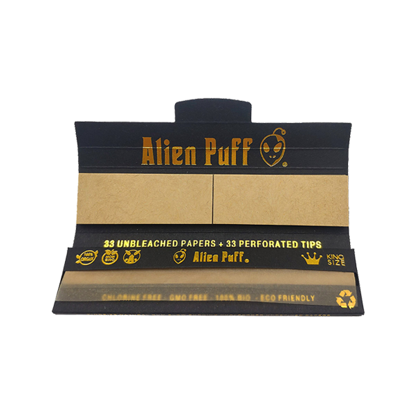 33 Alien Puff Black & Gold King Size Unbleached Brown Rolling Papers + Tips ( HP103 ) - The CBD Hut