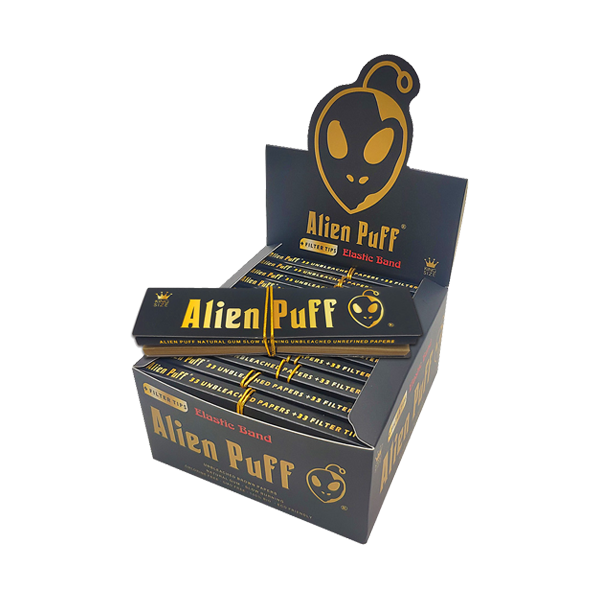Alien Puff Black & Gold King Size Elastic Band Unbleached Papers + Filter Tips - 33 Packs | The CBD Hut