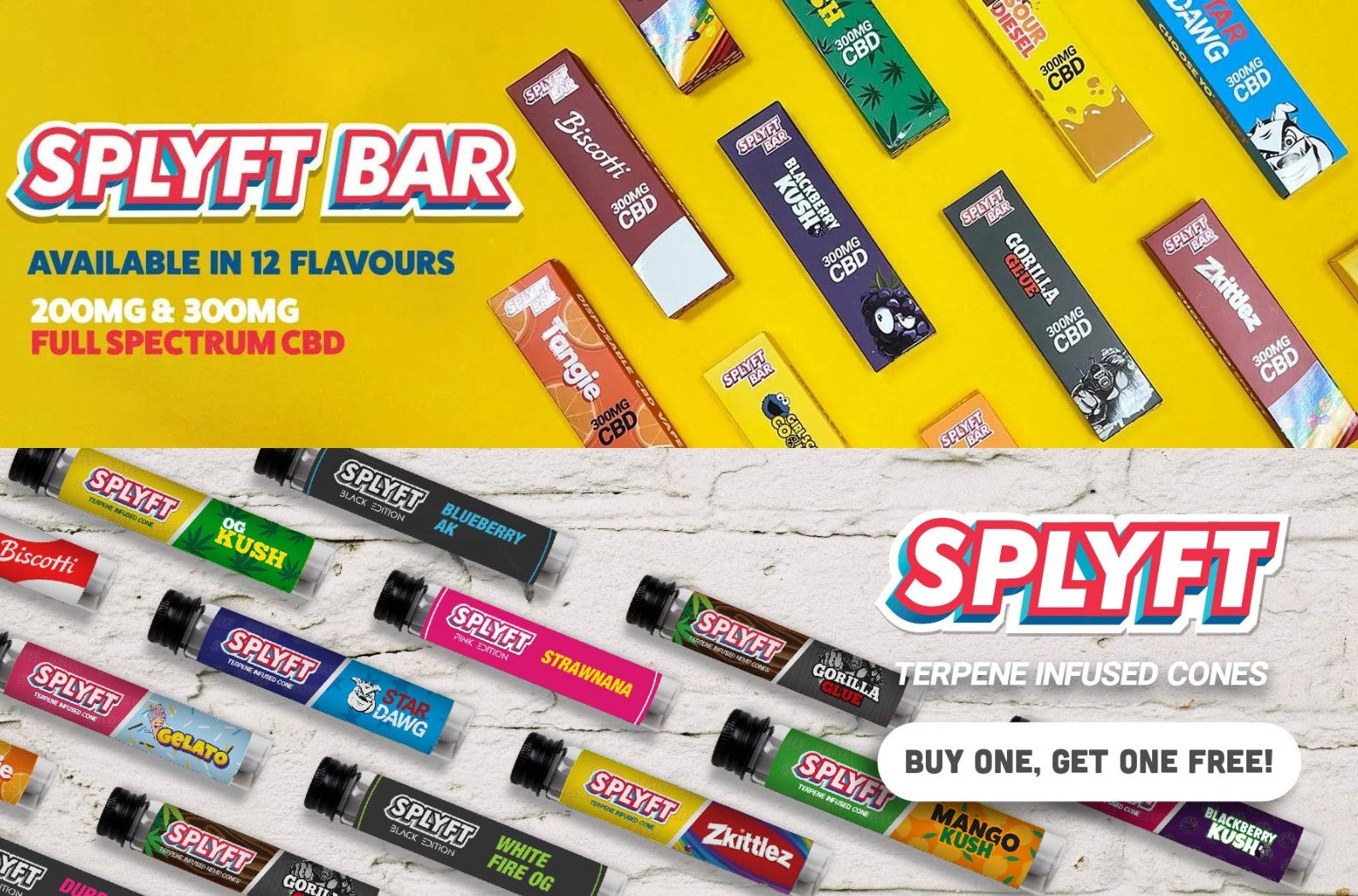 SPLYFT CBD disposable vapes and terpene infused cones- BOGOF