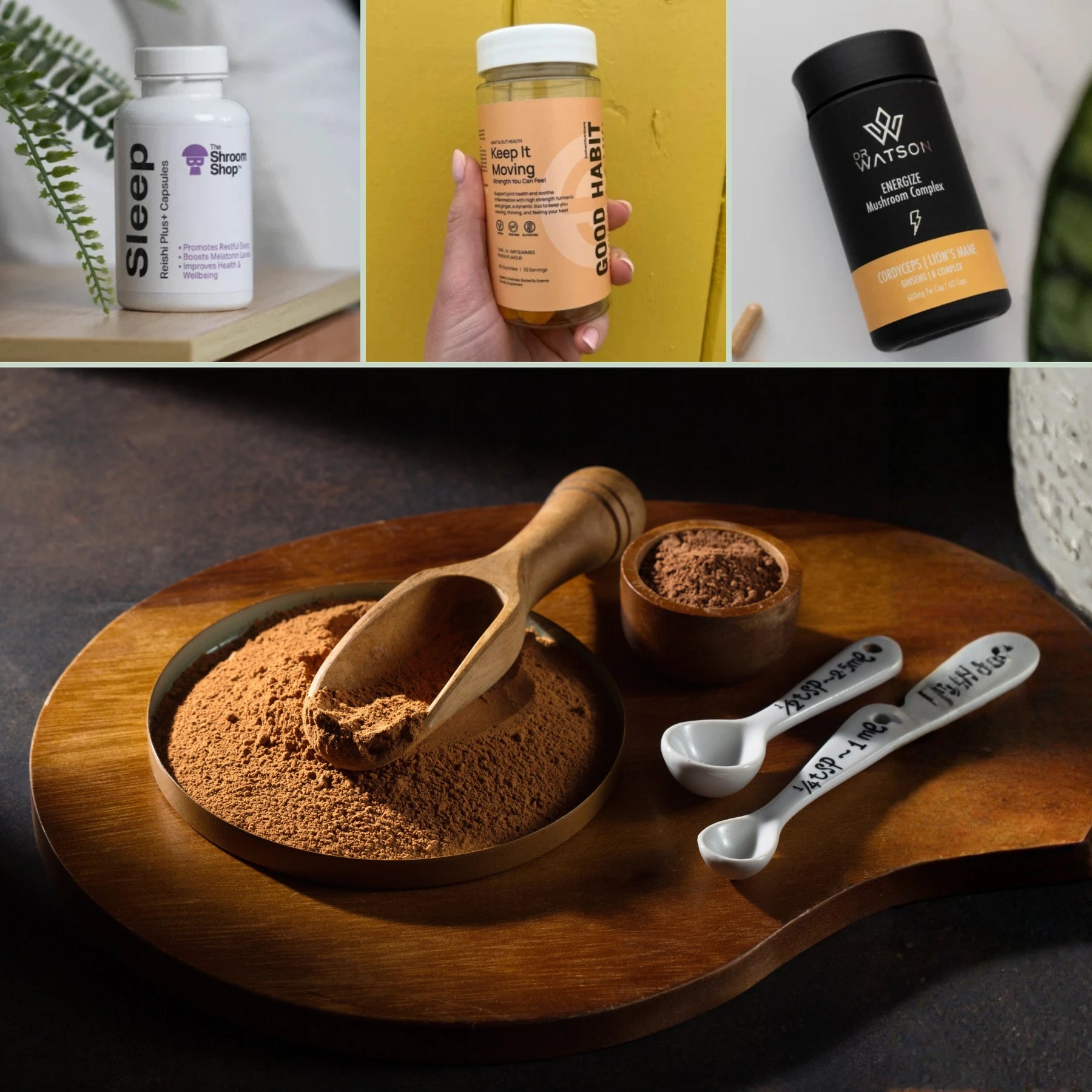 Nootropic mushroom powder with a selection of products from The Shroom shop, Evolved and Dr Watson