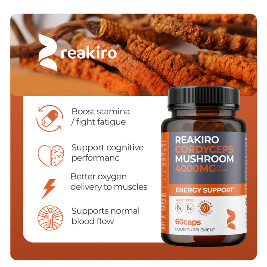 Reakiro Cordyceps Mushroom Capsules 4000mg – 60 capsule and bottle view
