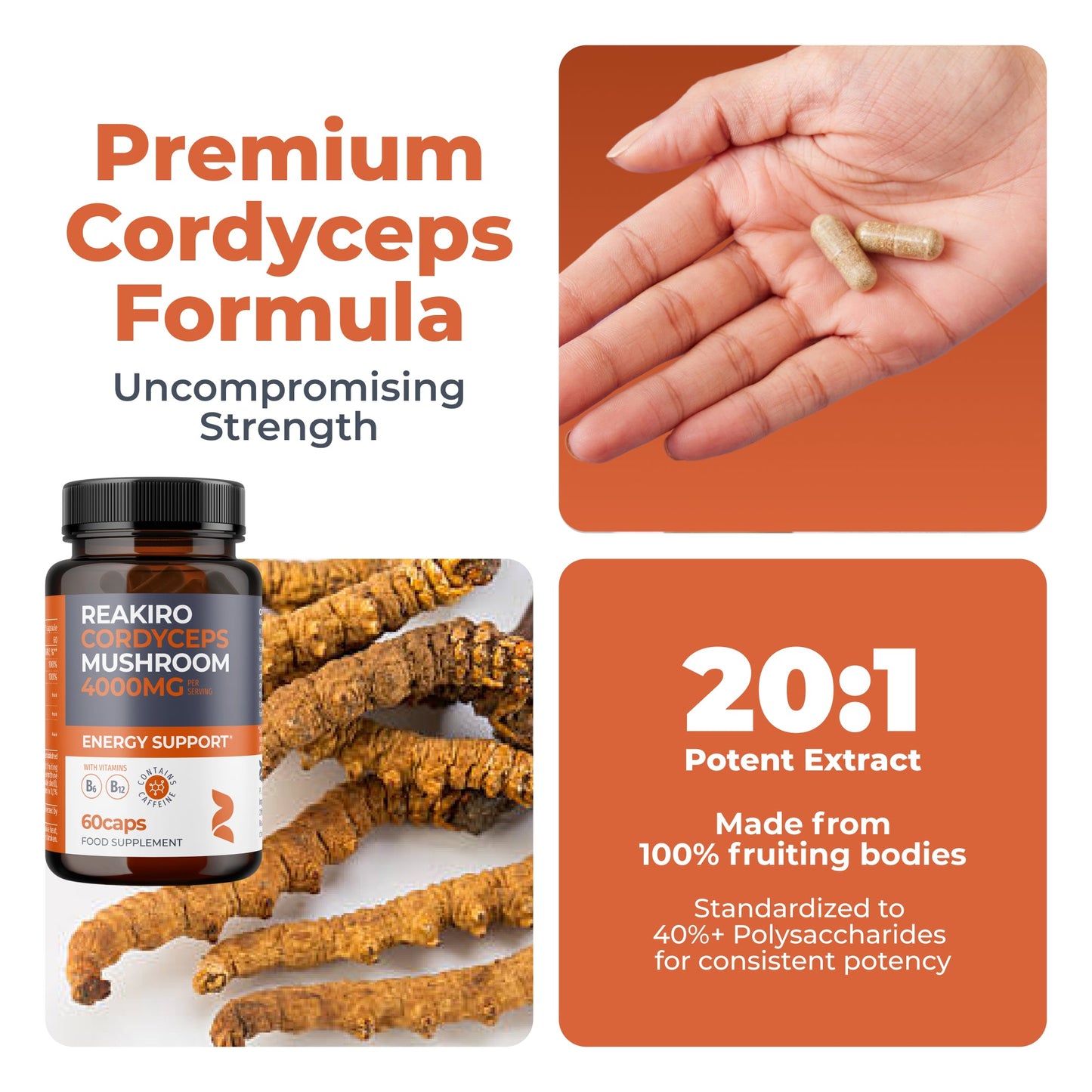 Reakiro Cordyceps Mushroom Capsules 4000mg 60 Pack