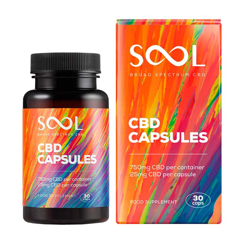 SOOL Broad Spectrum CBD Gel Capsules bottle and box