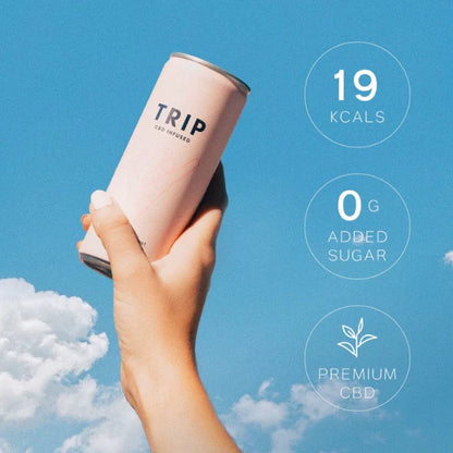 Hand holding a pink 'TRIP' CBD-infused tumbler with nutritional information on a blue sky background | The CBD Hut