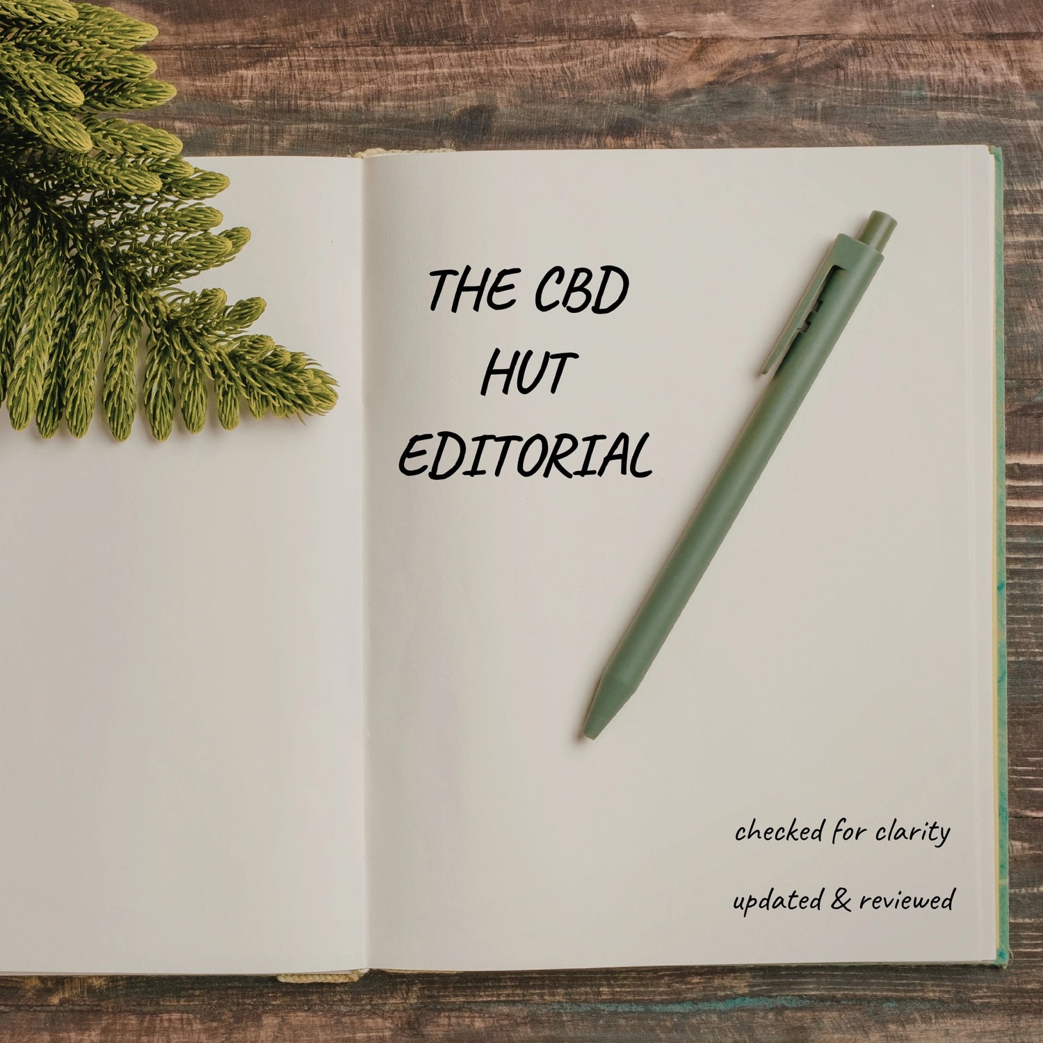 Open notebook with 'The CBD Hut Editorial' text on a wooden surface with a pen and greenery.