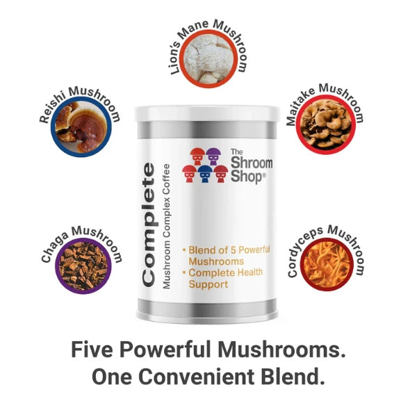 Shroom Shop Complete Mushroom Complex Coffee container with mushroom illustrations on a white background | The CBD Hut