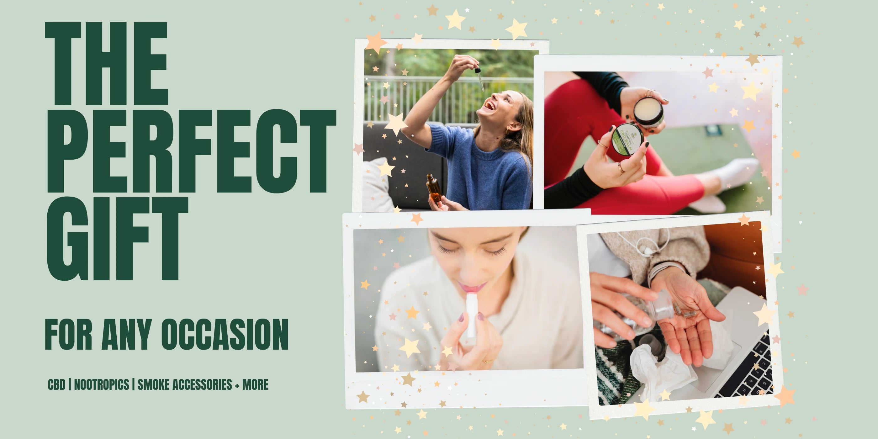 Promotional banner for 'The Perfect Gift' with images of people using products and text on a light green background.