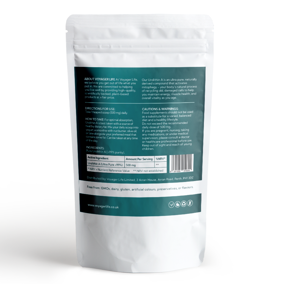 Voyager Pure Urolithin A Powder 30g pouch back label
