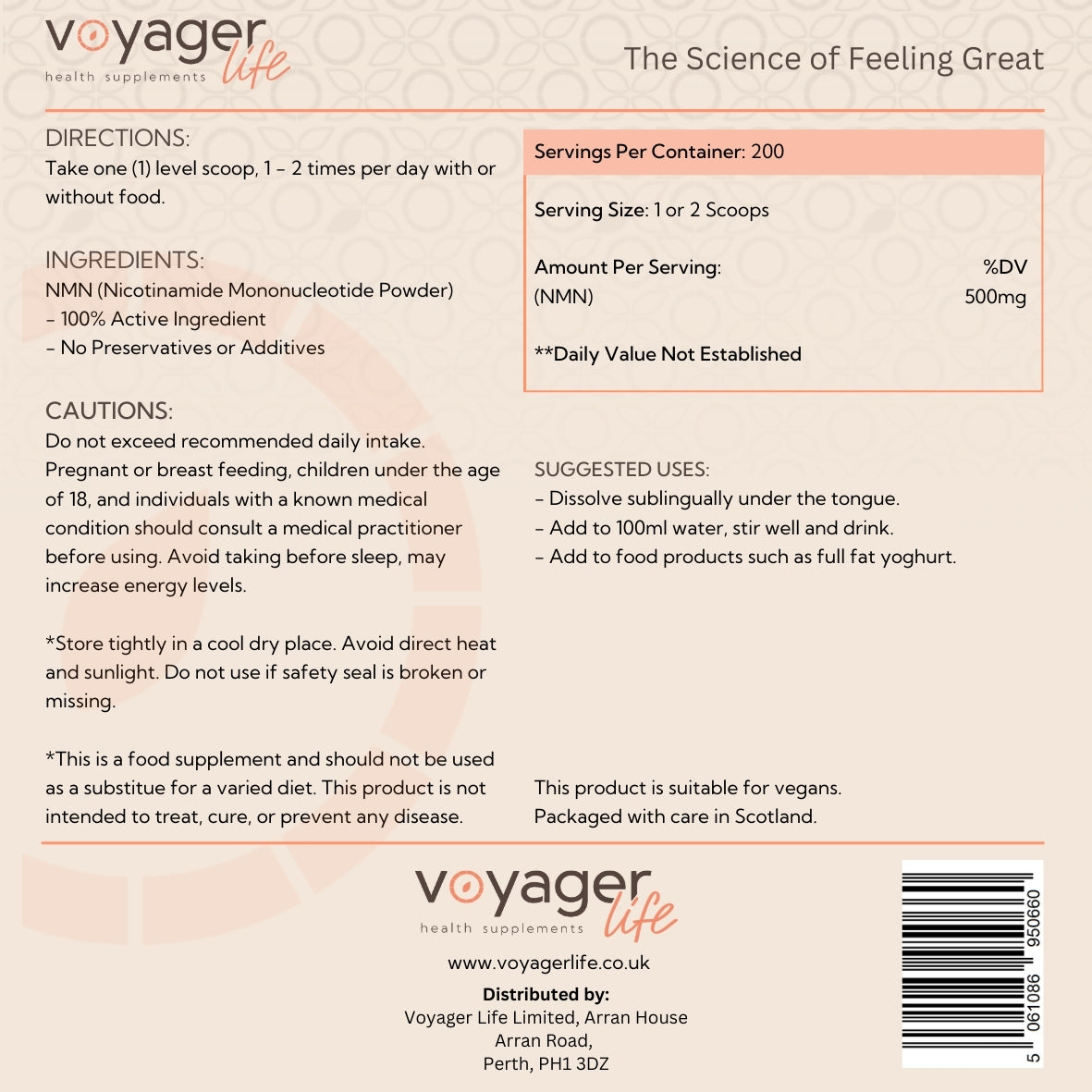 Voyager NMN Supplement Powder 100g - back view
