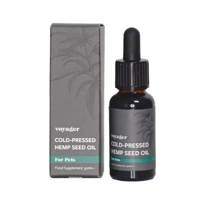 Voyager cold-pressed hemp pets seed oil bottle and packaging on a white background | The CBD Hut