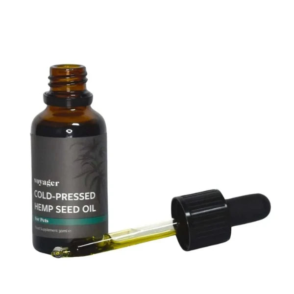 Voyager cold-pressed pets hemp seed oil bottle with dropper on a white background | The CBD Hut