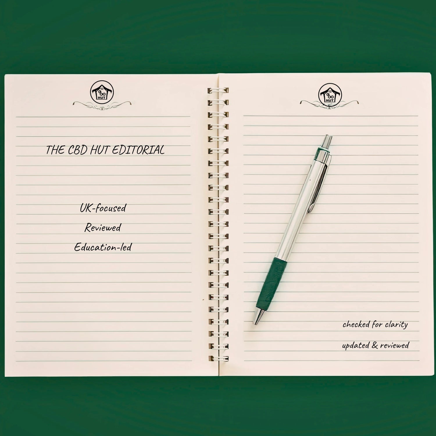 Open notebook with lined pages and a pen on a green background, featuring 'The CBD Hut' branding.