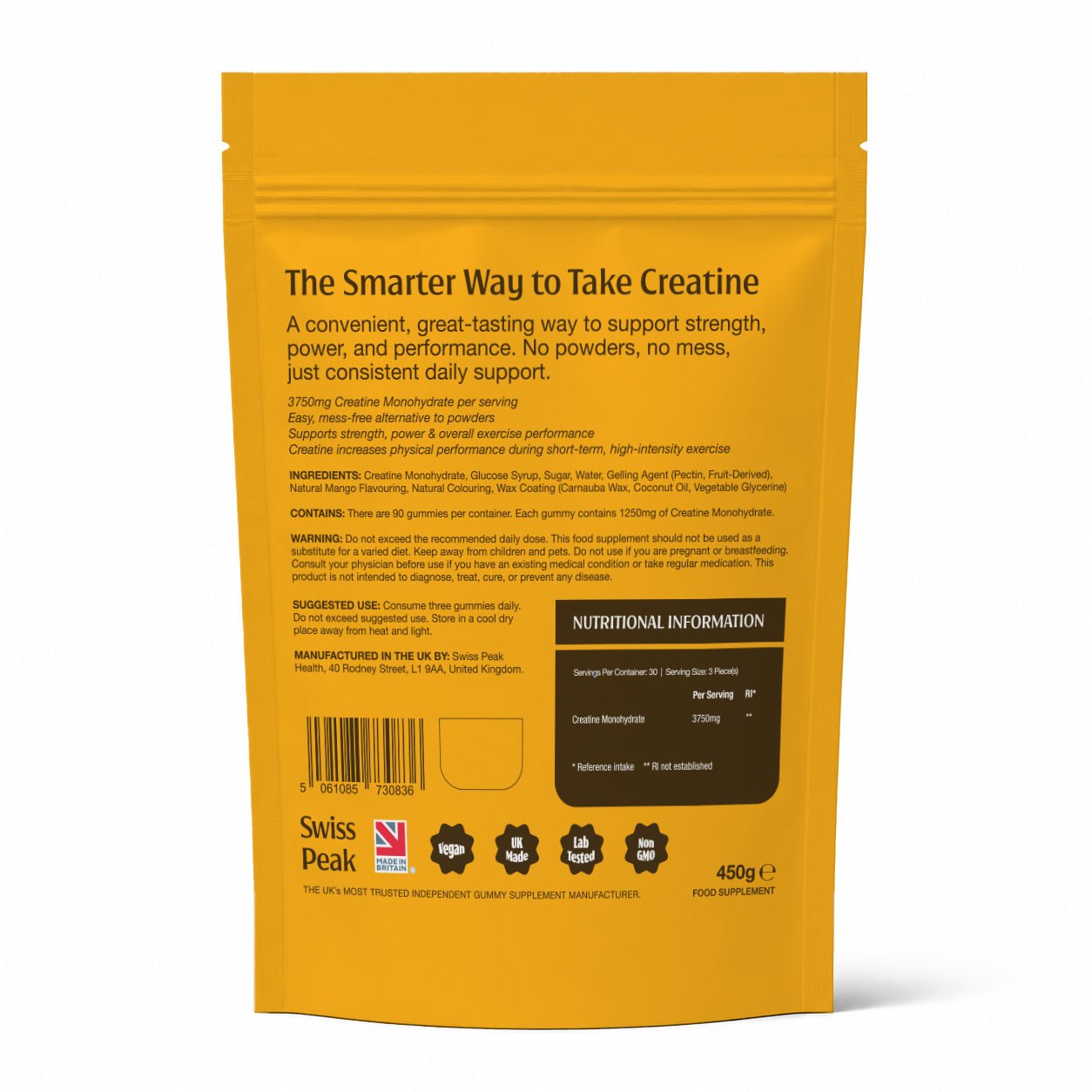 Swiss Peak Creatine Gummies ingredients and usage information graphic