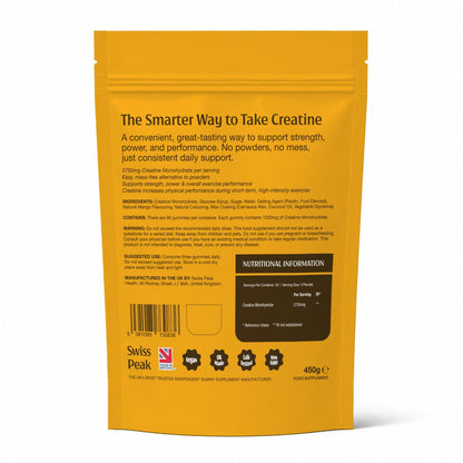 Swiss Peak Creatine Gummies ingredients and usage information graphic