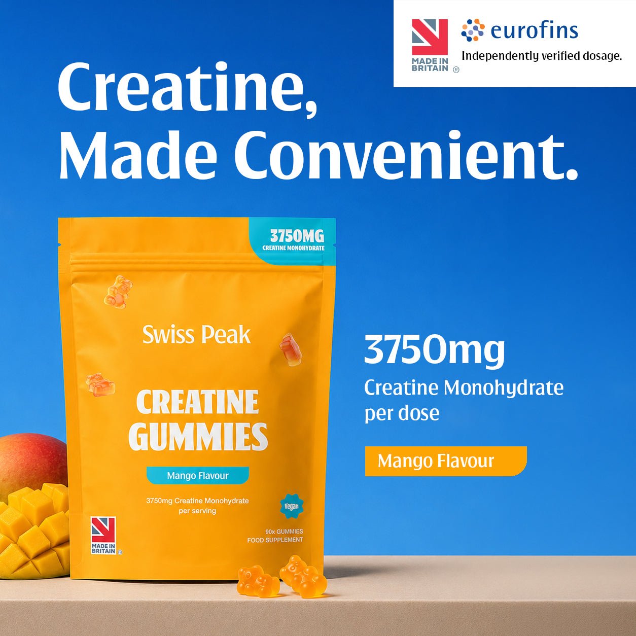 Swiss Peak Creatine Gummies tub with mango gummies