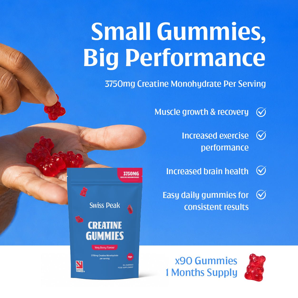 Creatine Gummies 3750mg Creatine Monohydrate Very Berry Flavour 90 Vegan Gummies