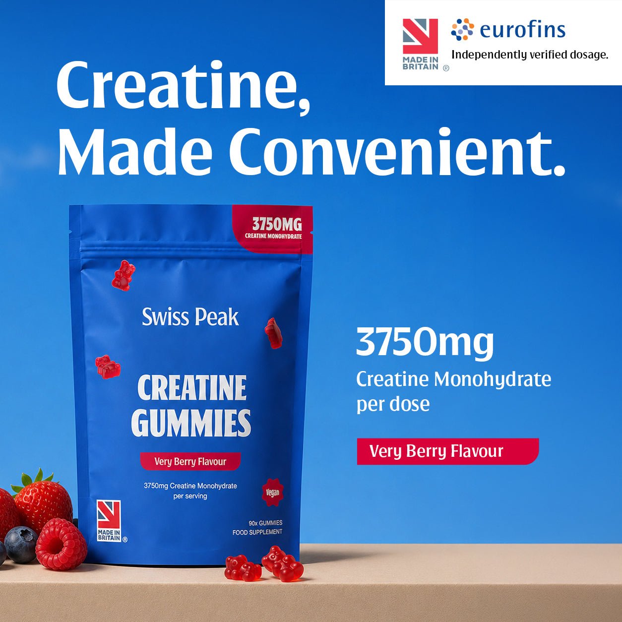 Creatine Gummies 3750mg Creatine Monohydrate Very Berry Flavour 90 Vegan Gummies