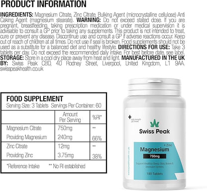 Swiss Peak CBD Magnesium Citrate Tablets 750mg 60 Servings