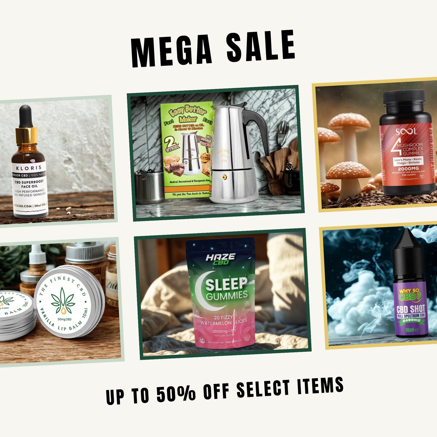 A selection of products available at The CBD Hut that are on sale