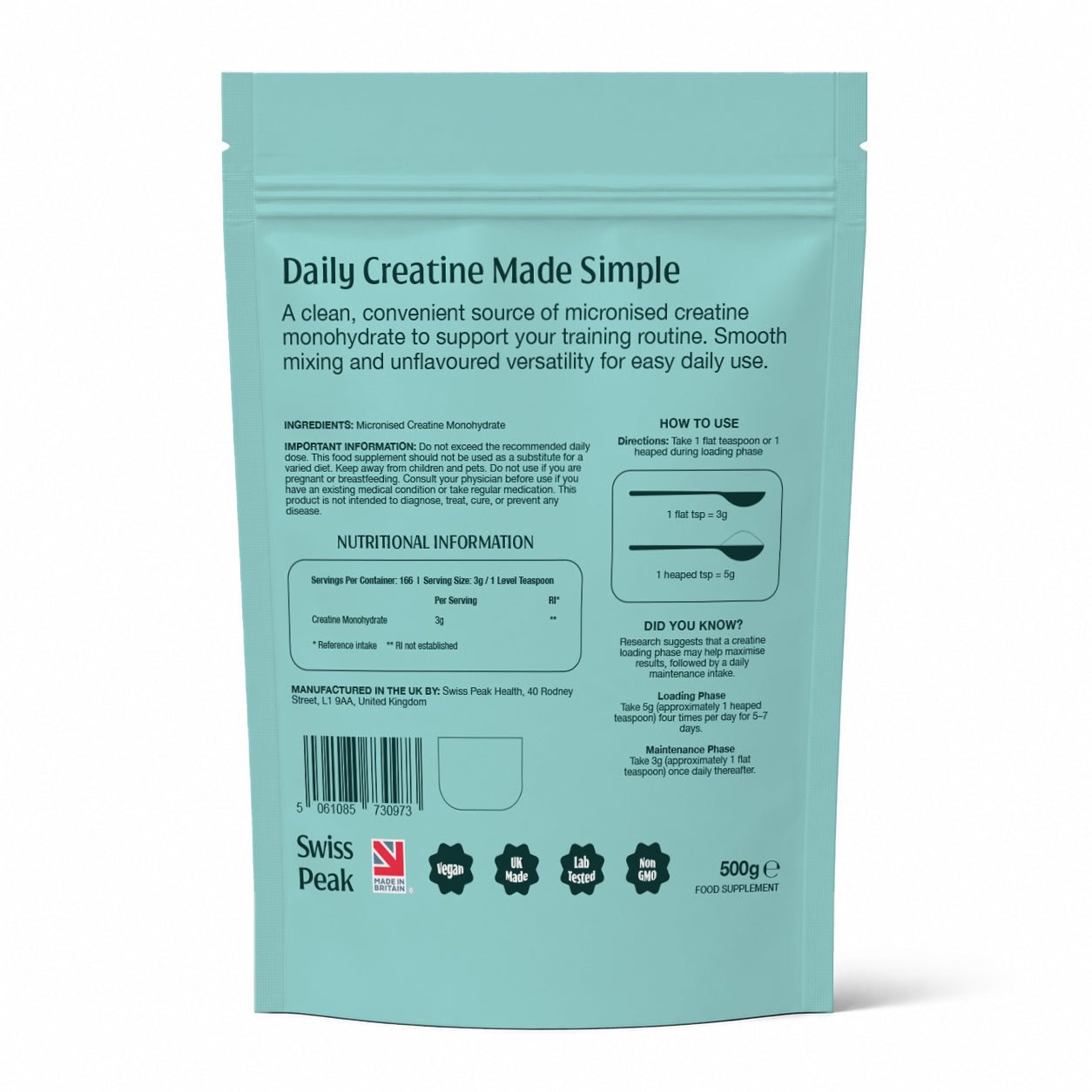 Swiss Peak Micronised Creatine Monohydrate Powder 500g