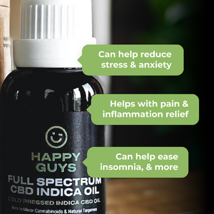 Happy Guys 1500mg CBD Full Spectrum Indica Oil potential benefits - Shop Now At The CBD Hut 