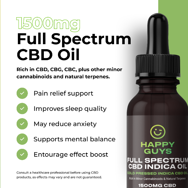 Happy Guys 1500mg CBD Full Spectrum Indica Oil benefits - Shop Now At The CBD Hut 