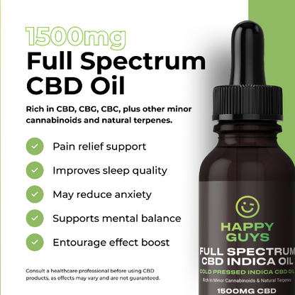 Happy Guys 1500mg CBD Full Spectrum Indica Oil benefits - Shop Now At The CBD Hut 