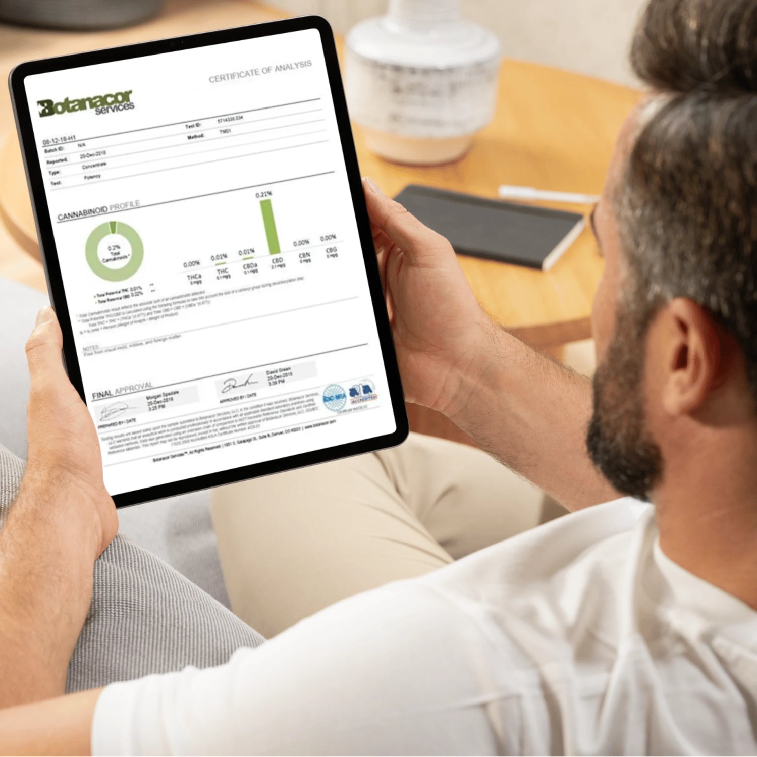 Man holding a tablet displaying a Botanacor Services certificate of analysis.